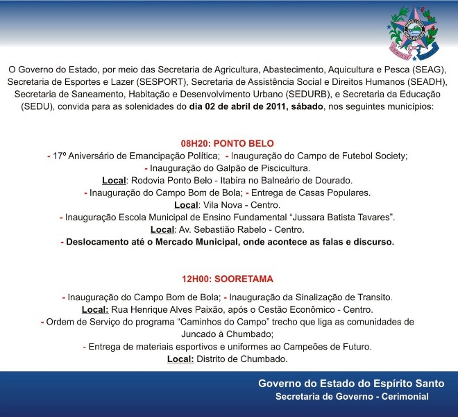 SESPORT - Ponto Belo e Sooretama recebem investimentos do Governo do Estado neste sábado (02) SESPORT - Ponto Belo e Sooretama recebem investimentos do Governo do Estado neste sábado (02)